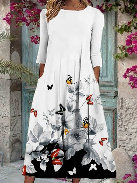 

Crew Neck Casual Floral Loose Dress, White, Dresses