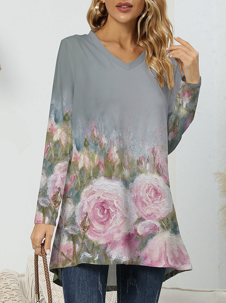 

Loose Casual Floral Crew Neck T-Shirt, Gray, T-Shirts