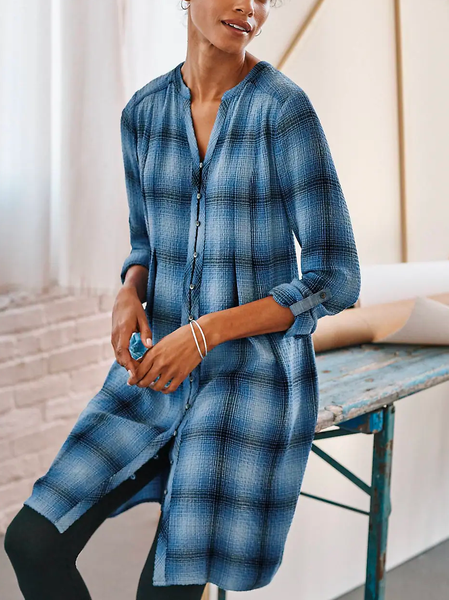 

Loose Casual V Neck Plaid Dress, Blue, Mini Dresses