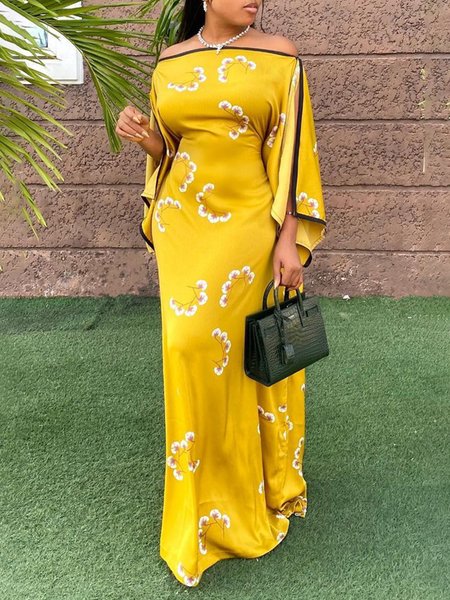 

Cold Shoulder Floral Elegant Regular Fit Dress, Yellow, Maxi Dresses