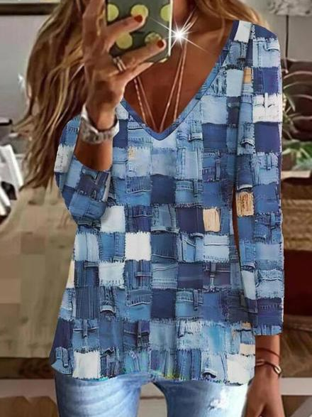 

Color Block Regular Fit V Neck Casual Top, Blue, Shirts & Blouses