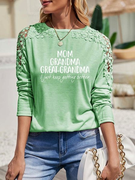 

Casual Lace Text Letters Loose T-Shirt, Green, T-Shirts