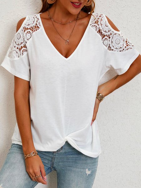 

V Neck Plain Boho Loose T-Shirt, White, T-Shirts