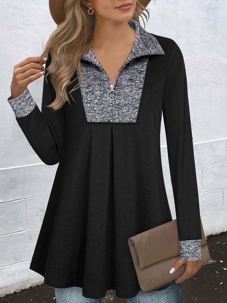 

Casual Color Block Regular Fit V Neck Top, Black, Tops
