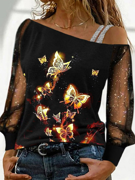 

Cold Shoulder Animal Casual Regular Fit Top, Black, Tops