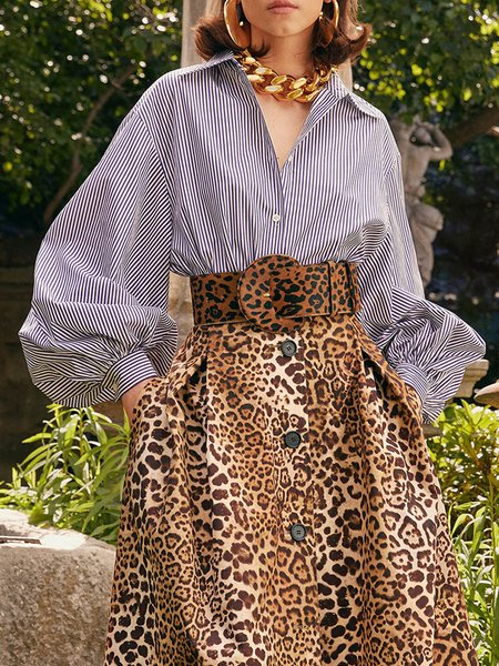 

Shirt Collar Urban Striped Lantern Sleeve Loose Blouse, Blue, Blouses and Shirts