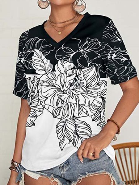 

Color Block Floral V Neck Casual T-Shirt, Black-white, T-Shirts