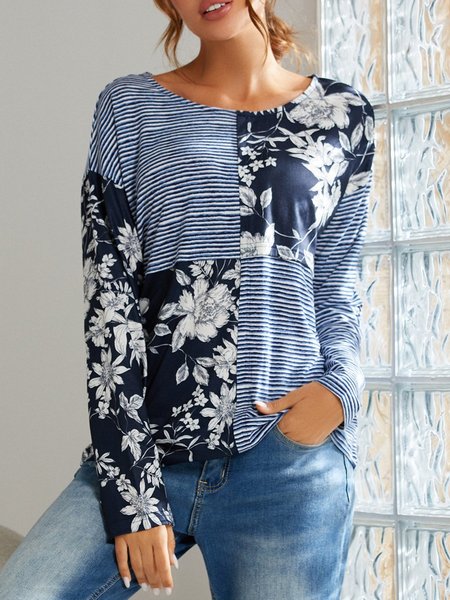 

Navy & White Floral Stripe Patchwork Long-Sleeve Tunic, Navyblue, Tops