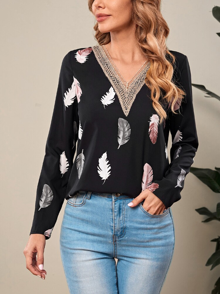 

Loose Boho V Neck Feather Pattern Top, Black, Tops