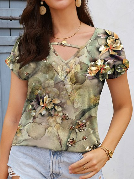 

Loose V Neck Floral Casual T-Shirt, Multicolor, T-Shirts