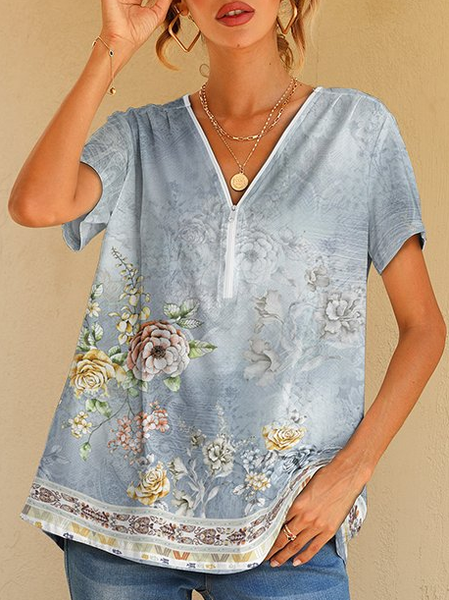 

V Neck Floral Loose Casual T-Shirt, Blue, T-Shirts