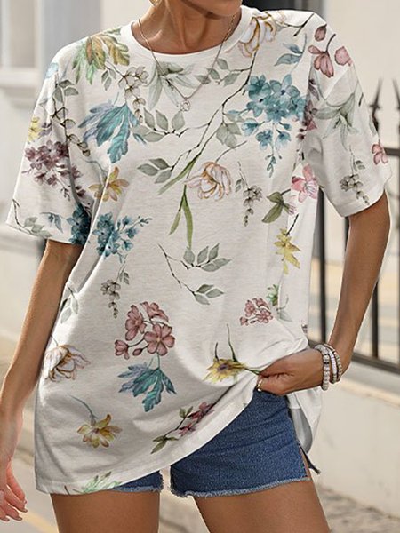 

V Neck Loose Floral Casual T-Shirt, Multicolor, T-Shirts