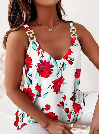 

Floral Casual Loose Tank & Cami, White, Tanks & Camis