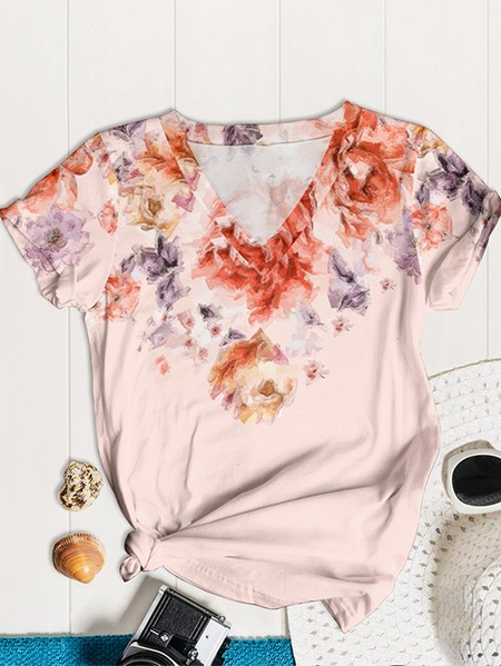 

Casual Cotton-Blend Floral Loose T-Shirt, Pink, T-Shirts