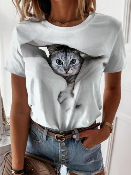 

Casual Regular Fit Crew Neck Cat T-Shirt, White, T-Shirts