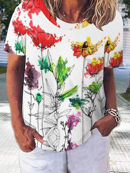 

Crew Neck Loose Casual Floral T-Shirt, White, T-Shirts