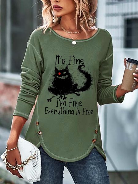 

Text Letters Crew Neck Buttoned Casual Cat Top, Green, Tops