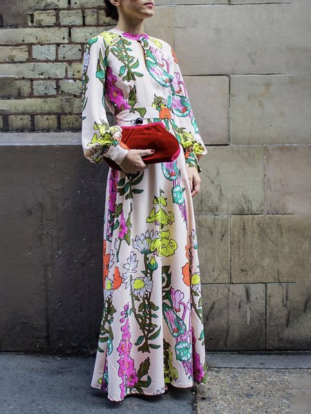 

Long sleeve Floral Crew Neck Regular Fit Elegant Dress, Pink, Maxi Dresses