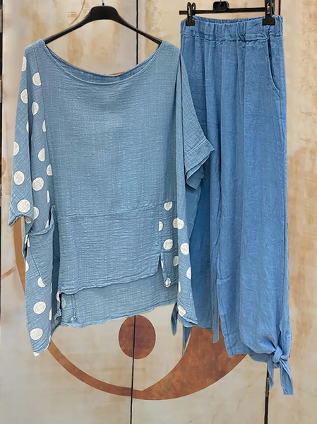 

Crew Neck Polka Dots Cotton-Blend Casual Two-Piece Set, Blue, Suit Set