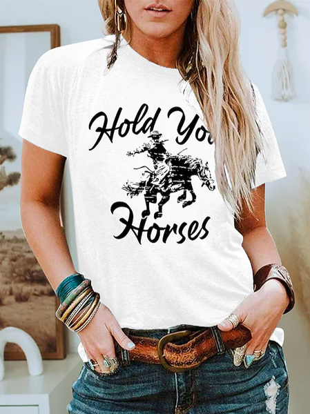 

Casual Crew Neck Horse Loose T-Shirt, White, T-Shirts