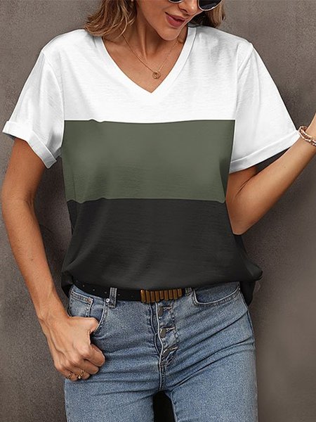 

Knitted V Neck Color Block Casual T-Shirt, Multicolor, T-Shirts
