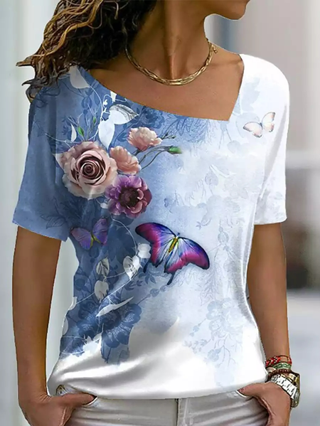 

Regular Fit Asymmetrical Casual Butterfly T-Shirt, Blue, T-Shirts