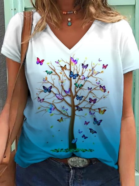 

Ombre Casual V Neck Loose T-Shirt, Blue, T-Shirts