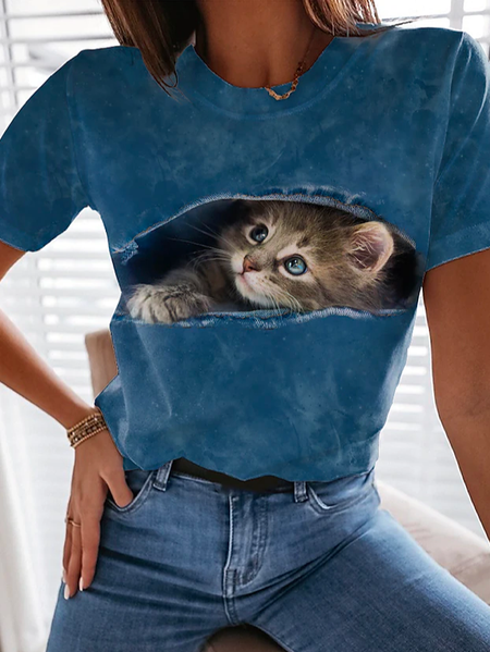 

Casual Cat Crew Neck Loose T-Shirt, Blue, T-Shirts