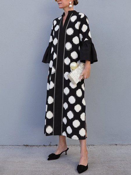 

Polka Dots Loose Urban Three Quarter Sleeve Dress, Black, Midi Dresses