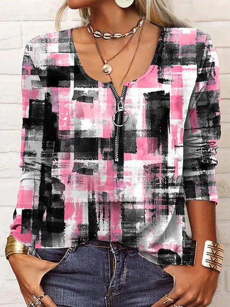 

Abstract Color Block Long Sleeve Zipper Notched Casual Blouse, Black-pink, T-shirts