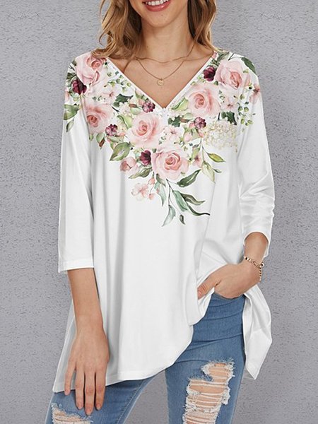 

White & Pink Floral Three-Quarter Sleeve Zip-Front V-Neck Tunic, Tunics