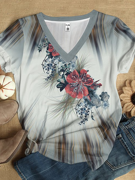 

Cotton-Blend V Neck Loose Casual T-Shirt, Gray, T-Shirts