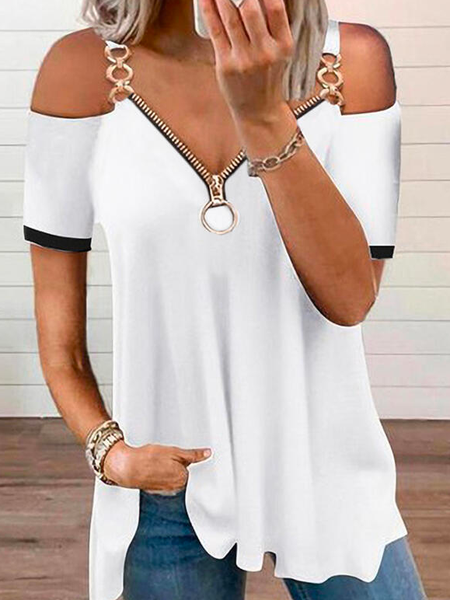 

V Neck Color Block Casual Top, White, Tops