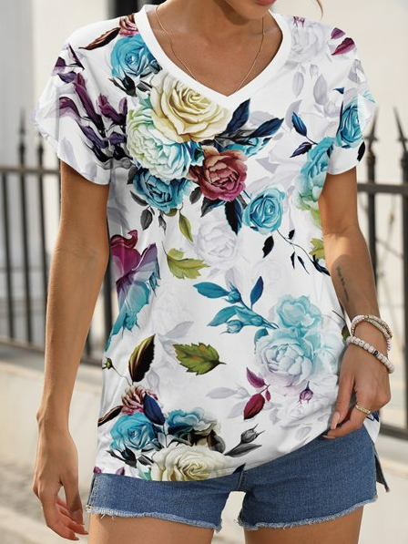 

Floral Casual V Neck Loose T-Shirt, White, T-Shirts