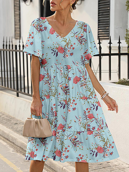 

V Neck Floral Cotton-Blend Casual Dress, Blue, Dresses