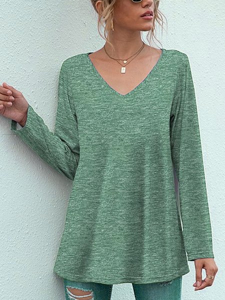 Plain V-neck long sleeve tunic top, Green, Tops
