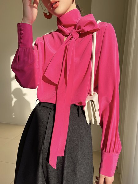 

Long sleeve Stand Collar Plain Elegant Regular Fit Blouse, Rose red, Blouses and Shirts