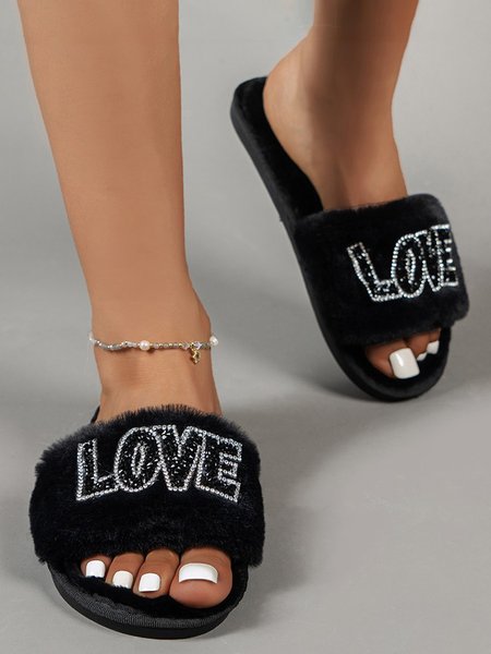 

Valentine's Day Rhinestone Love Pattern One Strap Fuzzy Slippers, Black, Slippers