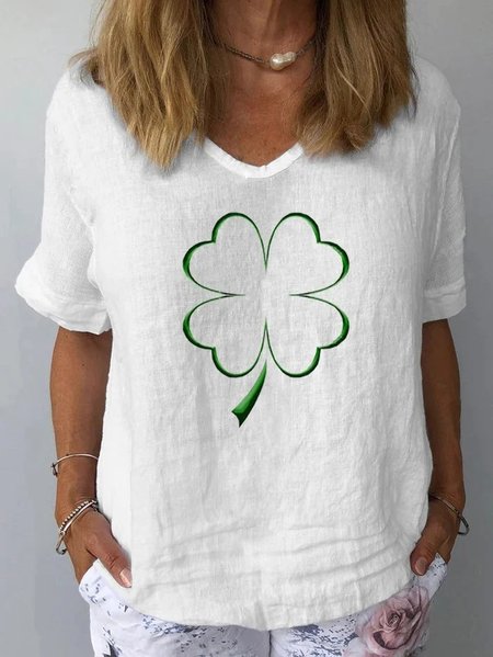

Loose Casual Four-Leaf Clover Cotton And Linen Top, White, Tees & T-shirts