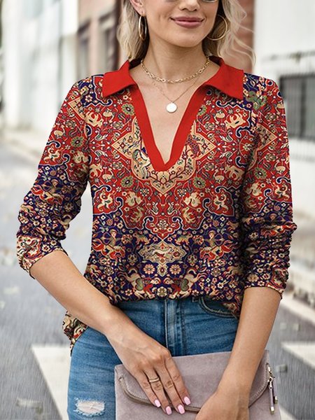 

Polo Collar Boho Ethnic Knitted Top, Multicolor, Tops