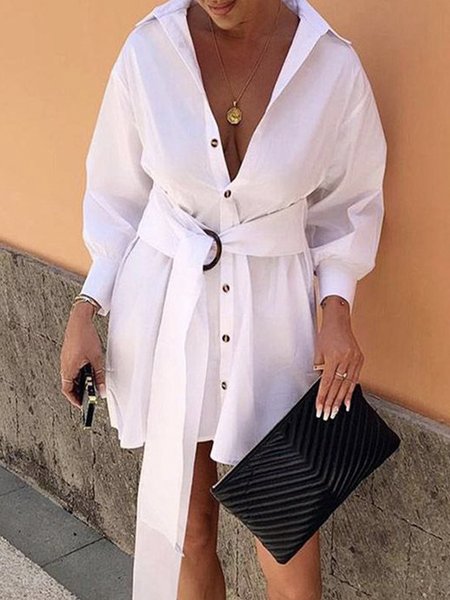 

Long sleeve Shirt Collar Raglan Sleeve Simple Plain Dress, White, Mini Dresses