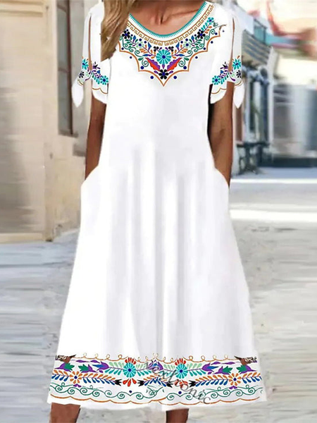 

Casual Ethnic Crew Neck Dress, White, Dresses