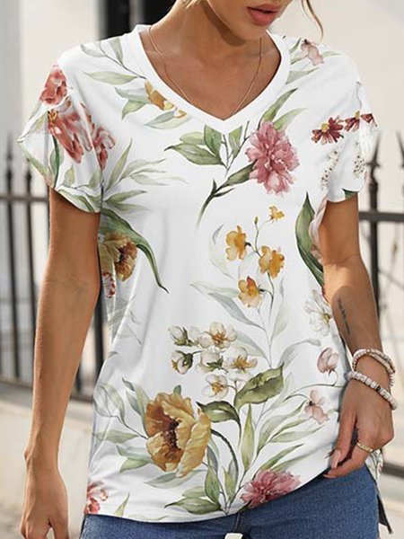 

Loose Casual Floral Crew Neck T-Shirt, White, T-Shirts
