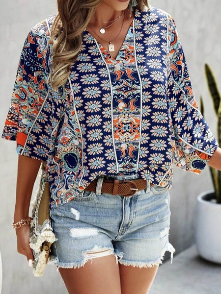 

Floral V Neck Loose Casual Blouse, Multicolor, Shirts & Blouses
