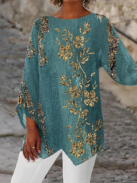 

Crew Neck Floral Casual Regular Fit Top, Green, Shirts & Blouses