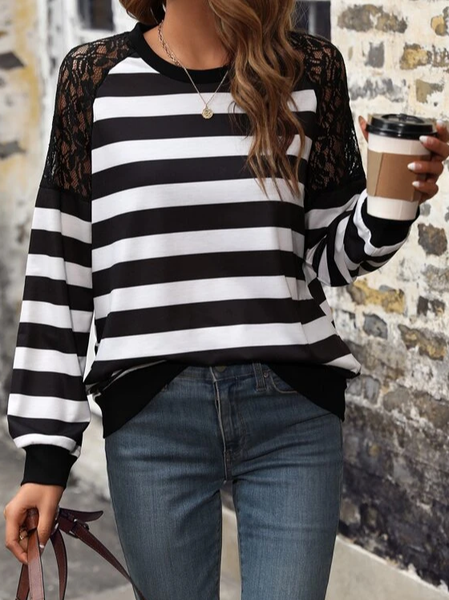 

Loose Striped Lace Casual T-Shirt, Black, Shirts & Blouses