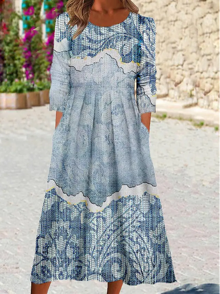 

Floral Casual Crew Neck Loose Dress, Blue, Dresses