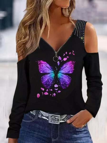 

Butterfly Loose Hot Drilling Casual T-Shirt, Black, Dresses