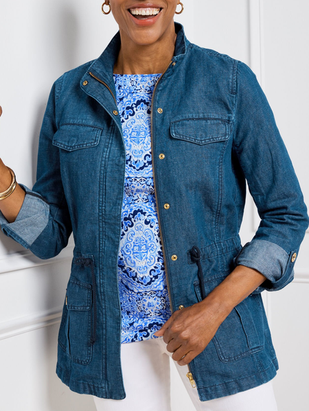 

Casual Plain Shawl Collar Loose Denim Jacket, Denim blue, Coats