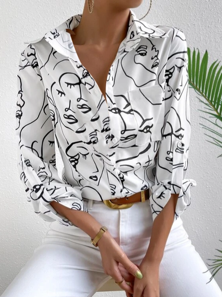 

Abstract Face Loose Casual Shirt, White, Blouses & Shirts